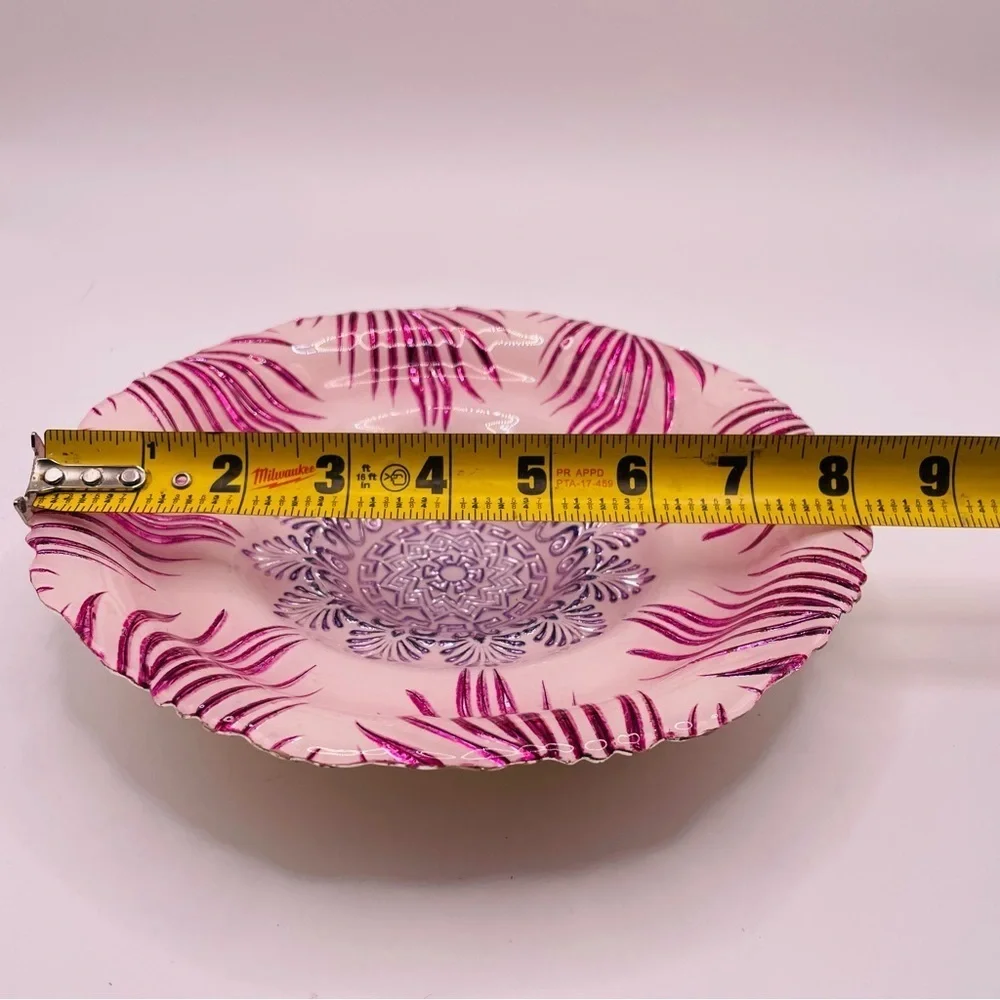 Turkish EFE Glass Bowl Pink & Silver Embossed, 8” Wide, 2” Deep
